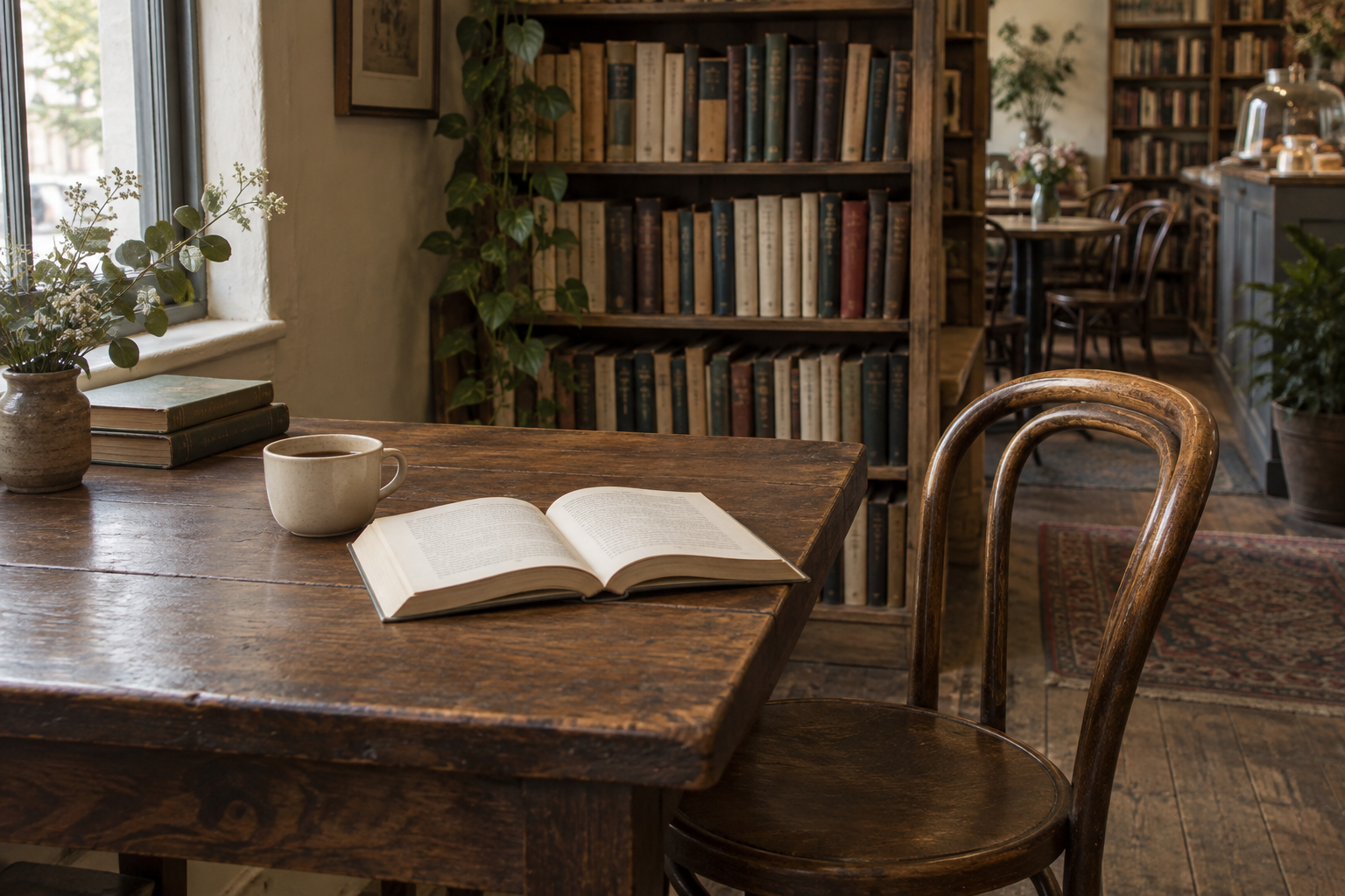 An open book and a coffee cup on a walnut table beside bookshop shelves