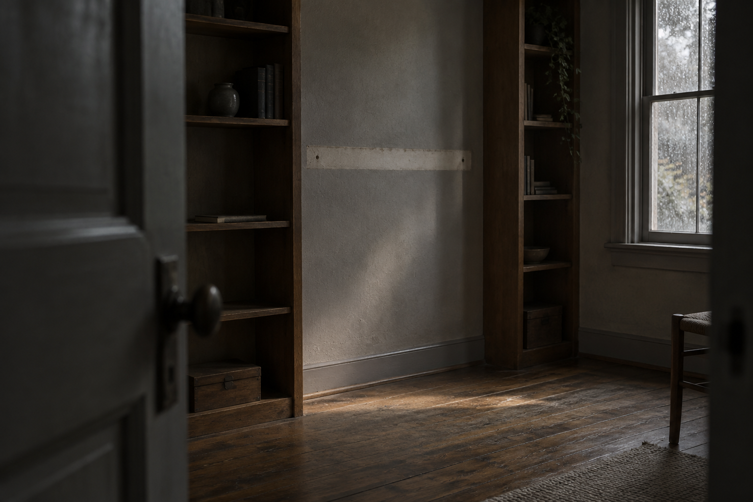 Rainlight falls into a quiet room with a pale mark where a shelf once hung