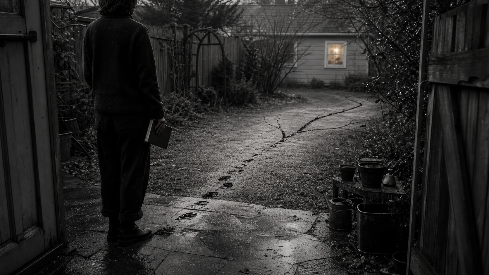 Footprints becoming an ink-drawn path across an ordinary backyard at dawn