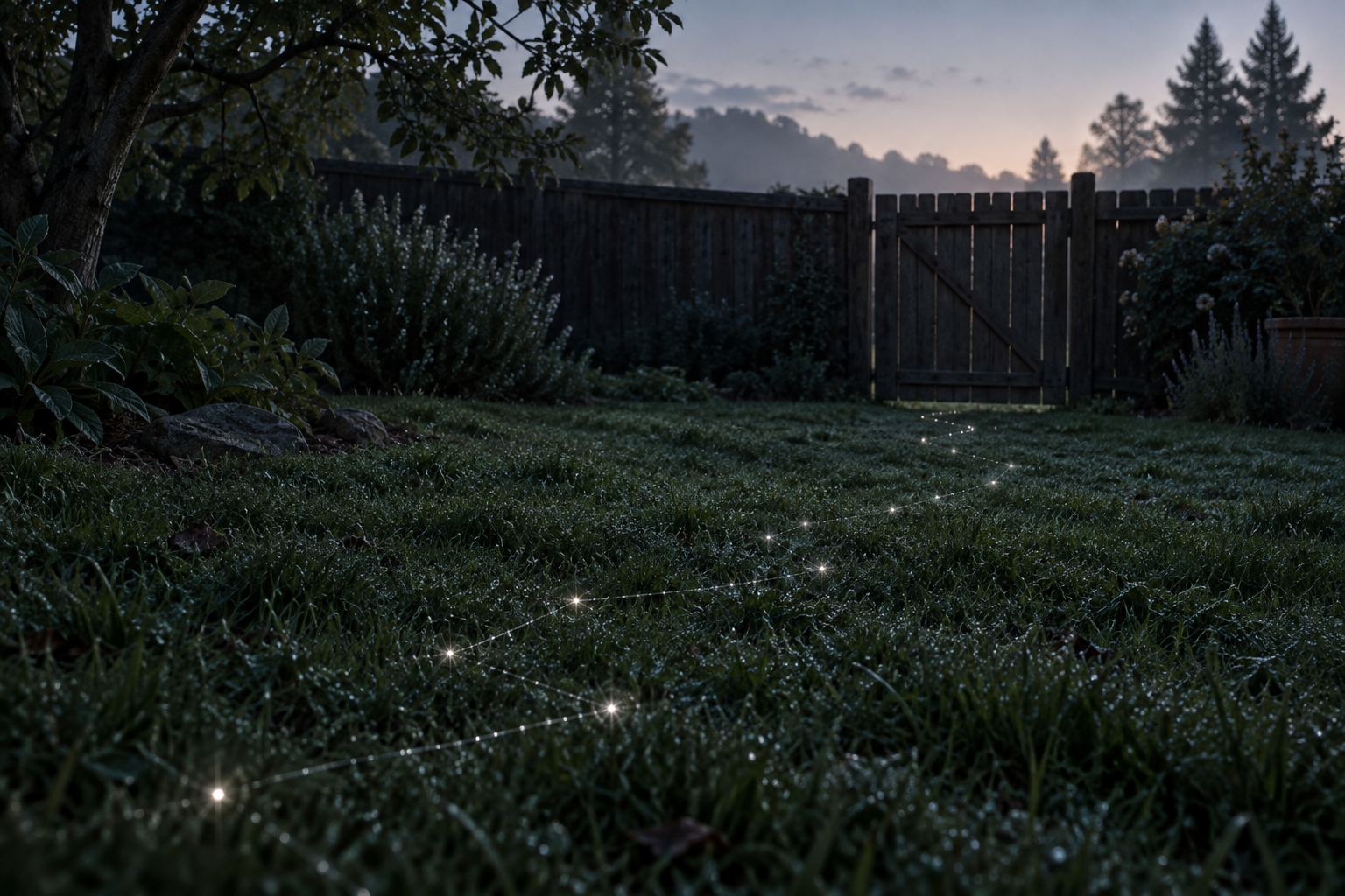 A faint starlit route crosses backyard grass toward a wooden gate