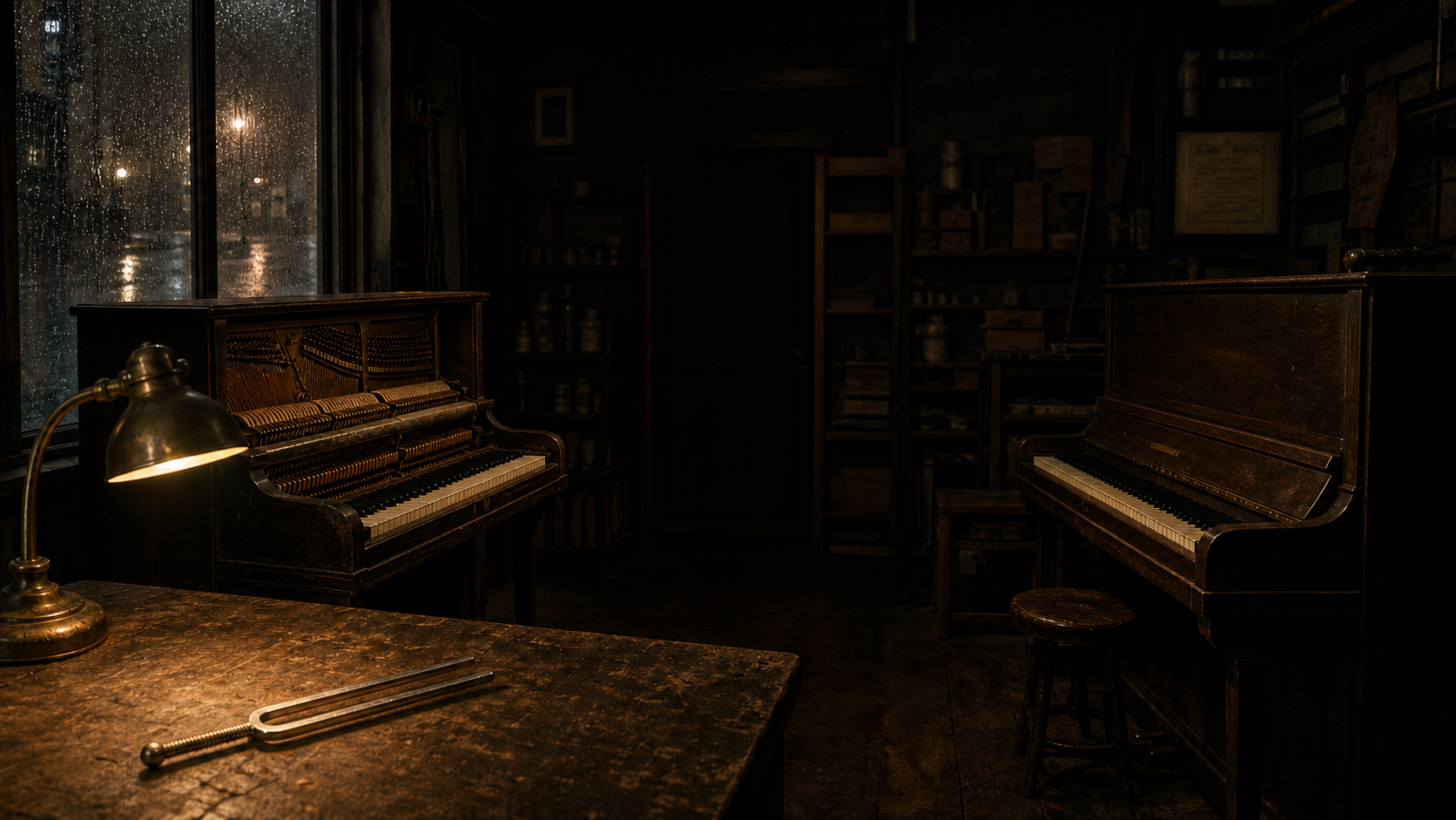 Two upright pianos facing one another in a dark repair shop with a tuning fork in the foreground