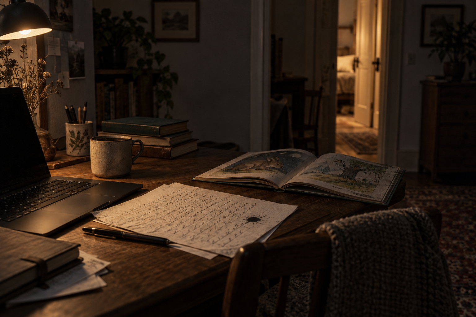 A handwritten draft and a child's open book beside a laptop