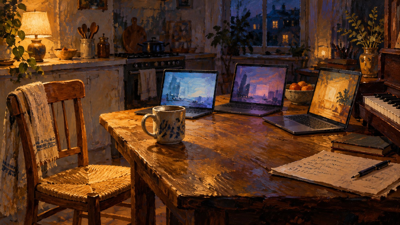 Three laptop screens glow at a midnight kitchen table beside an empty chair and a piano.
