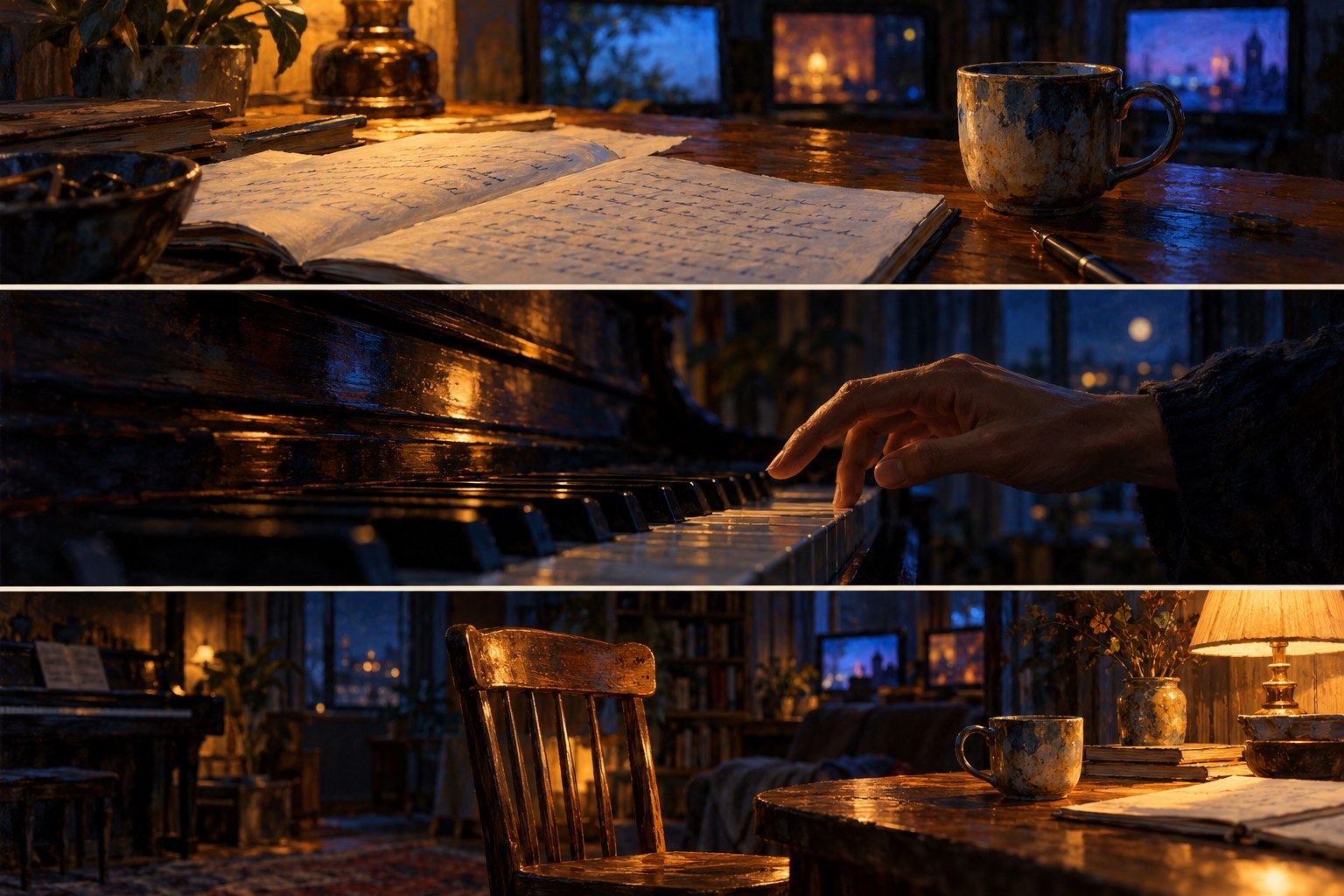 An unfinished page and a mug in the glow of three screens.